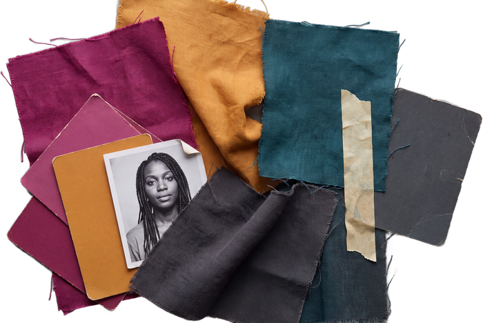 Fabric swatches and colour cards with a printed portrait