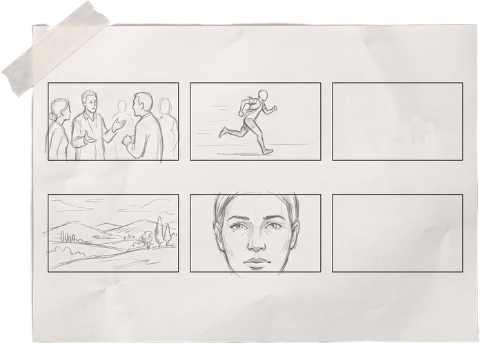 A storyboard sheet of six hand-drawn panels