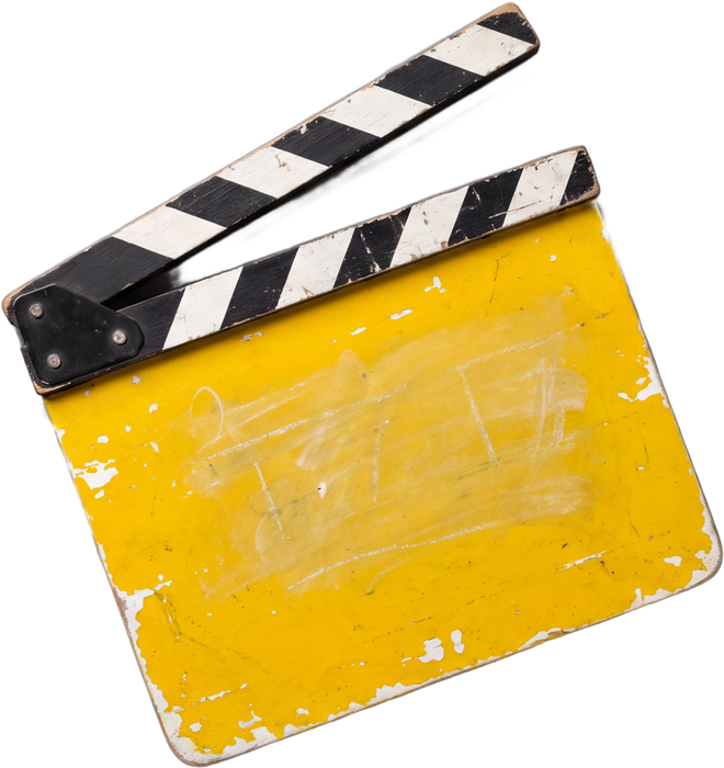 A well-used yellow film clapperboard