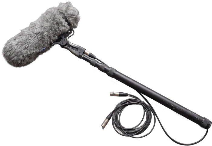 A shotgun microphone on a boom pole
