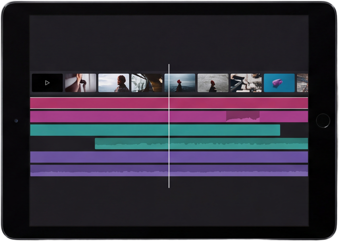 A tablet showing a video editing timeline
