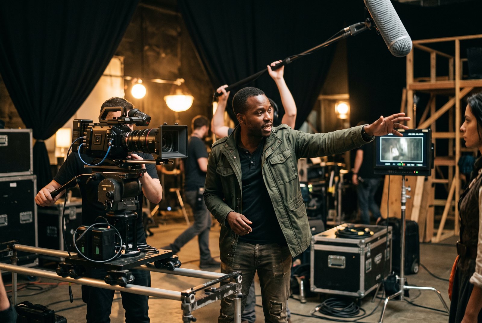 A director giving direction on set, camera and boom operator working behind him